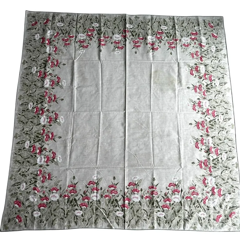 Printed Cotton Blend Tablecloth cottage chic faded greens pinks floral w/ FLAWS